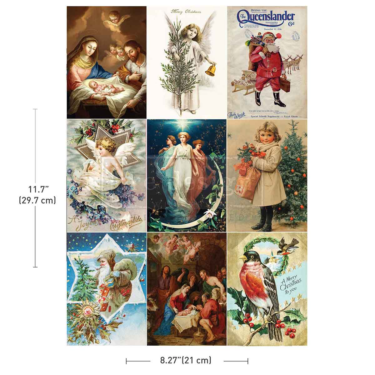 Redesign with Prima transfer A4 Holy Night. Collage of vintage Christmas cards with measurements indicated.