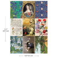 Redesign with Prima transfer A4 The Painted Legacy. Collage of various vintage-style images including floral patterns, portraits, and landscapes with measurements indicated.