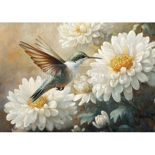 Painting of a hummingbird among white flowers with yellow centers Whispers of the Garden A3 Fiber Decoupage Paper