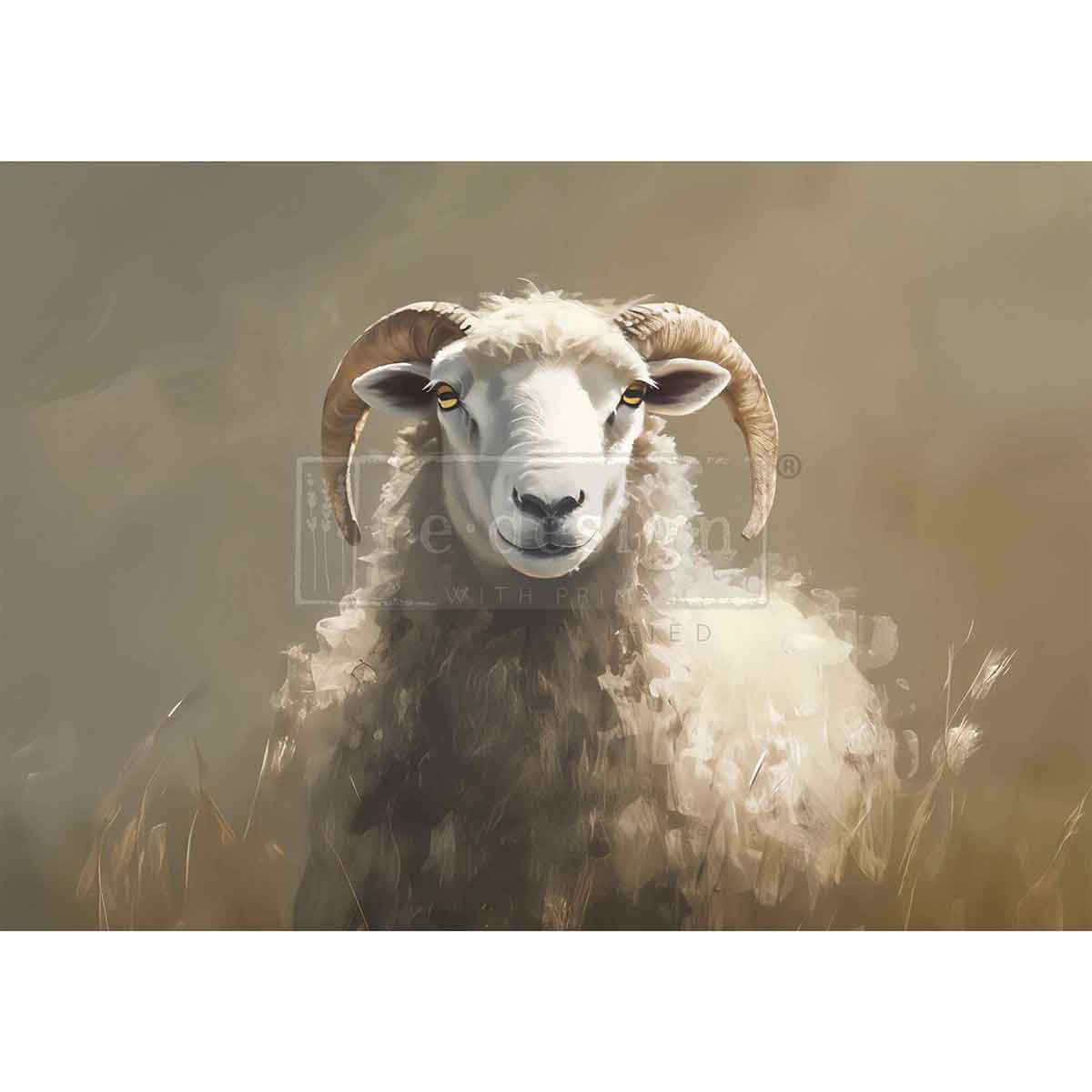 Sheep with large horns standing in a field with a blurred background Hillside Grazing A3 Fiber Decoupage Paper 1 sheet