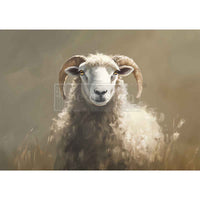 Sheep with large horns standing in a field with a blurred background Hillside Grazing A3 Fiber Decoupage Paper 1 sheet