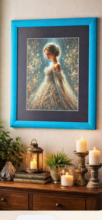 Framed artwork of a woman in a flowing dress on a wall Ivy Mulberry Decoupage Paper