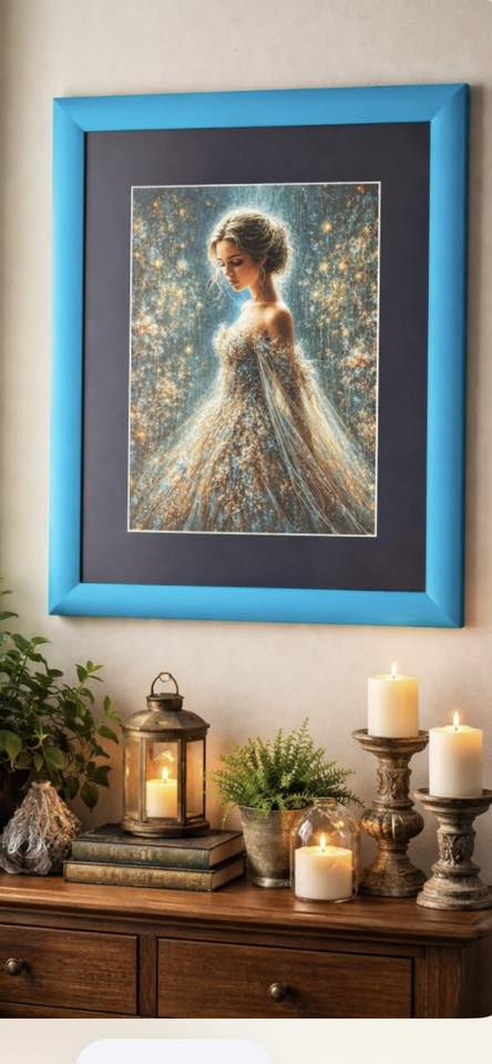 Framed artwork of a woman in a flowing dress on a wall Ivy Mulberry Decoupage Paper