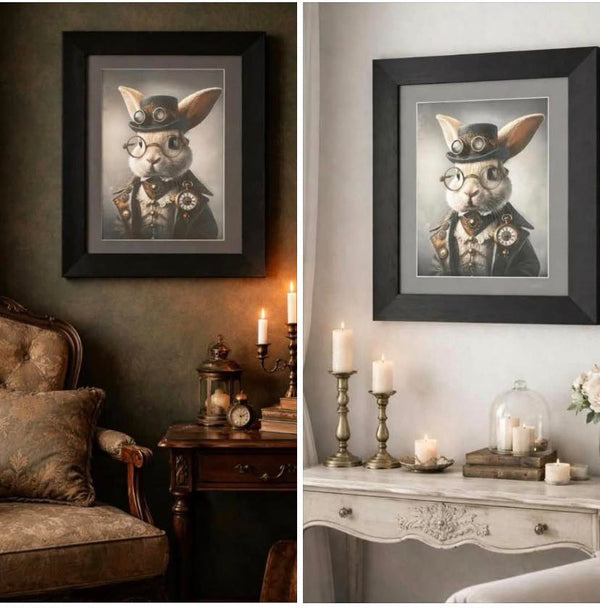 Framed artwork of a rabbit in a suit Sir Hopsworth Mulberry Decoupage Paper