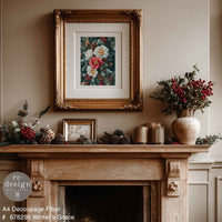 Winter's Grace Mulberry Tissue Paper for Decoupage A4 1 sheet, Decorative mantelpiece with framed artwork and winter-themed decor