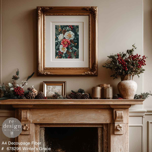 Winter's Grace Mulberry Tissue Paper for Decoupage A4 1 sheet, Decorative mantelpiece with framed artwork and winter-themed decor