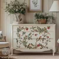 Redesign transfer Large Rosette Aviary. Decorative chest of drawers with floral and bird patterns in a room setting.