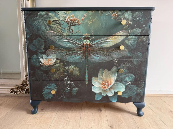 Furniture piece with dragonfly and floral design Deep Emerald Mulberry Decoupage Paper