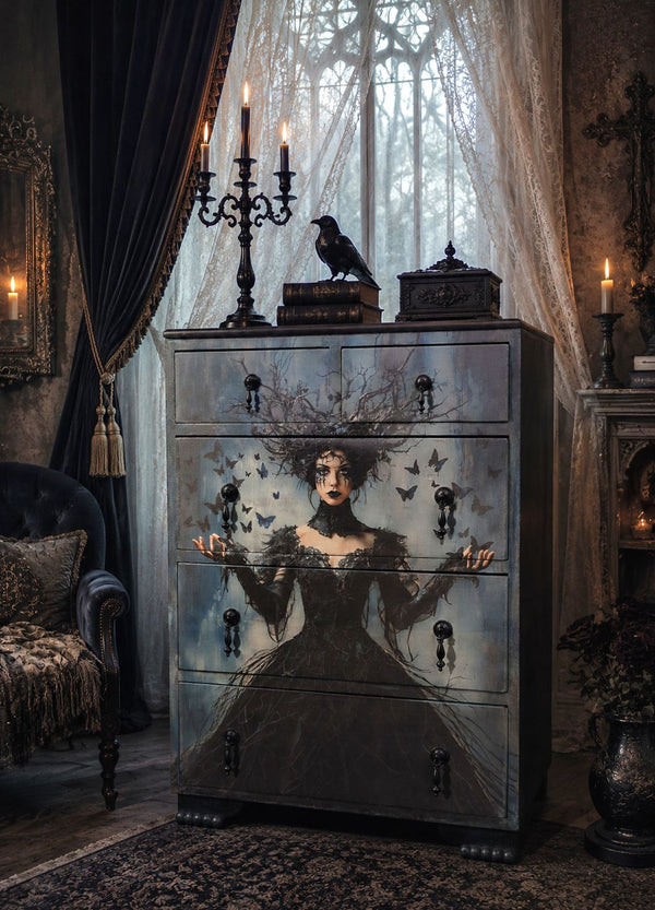 Woman in a dark, intricate dress with branches and butterflies against a gray background Alraune Mulberry Decoupage Paper