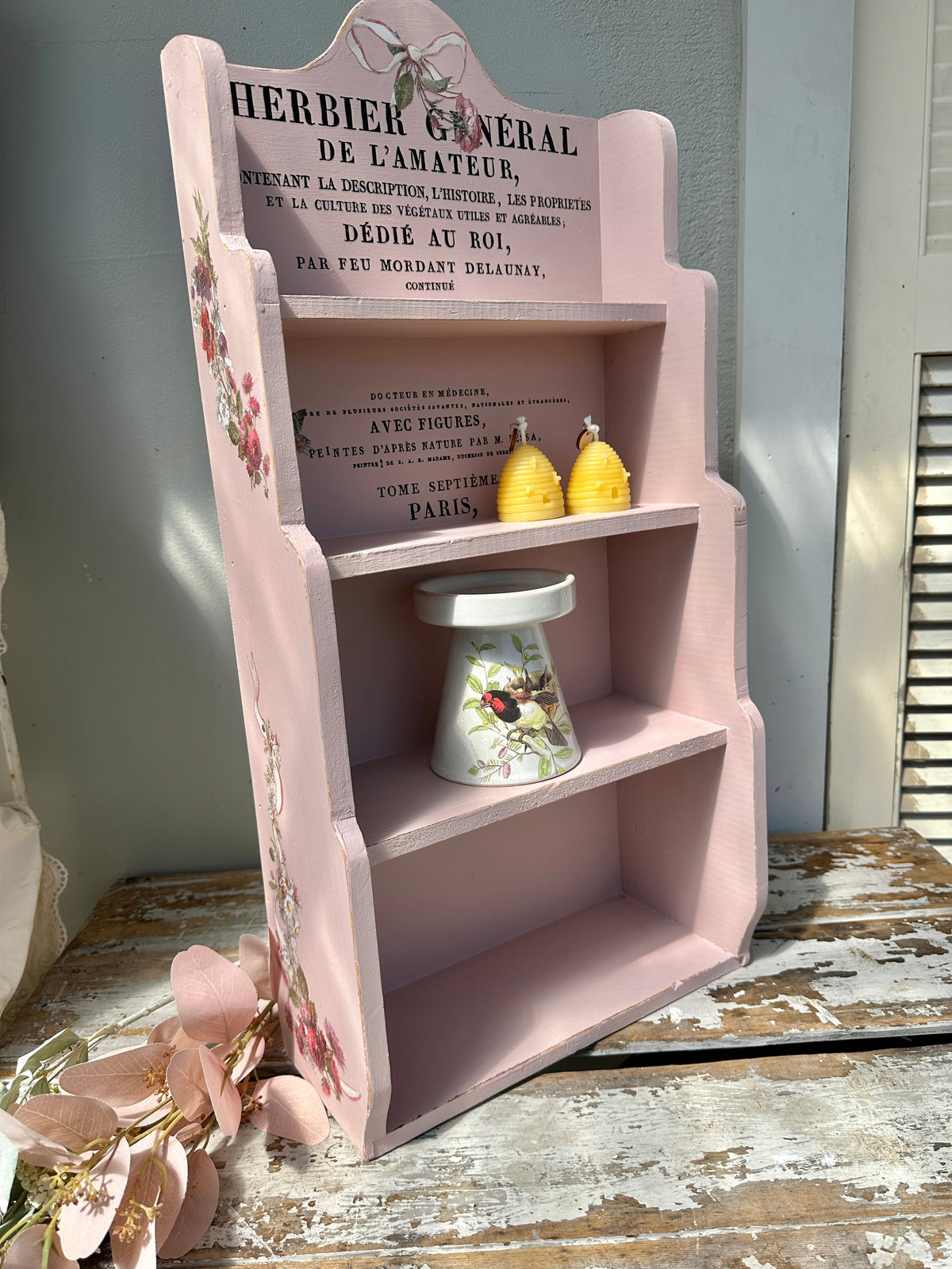 Pink shelf unit with IOD transfers