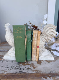 A pair of distressed white rooster bookends holding two vintage-style tan books tied with red string, French Rooster white Book Ends set of 2