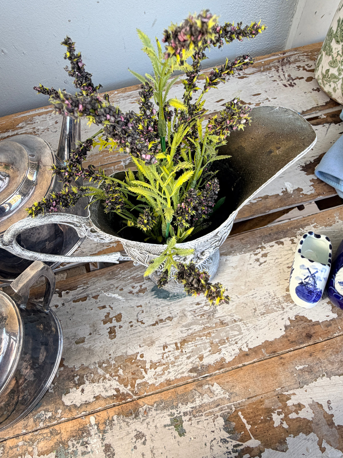 Vintage Metal Jug with Whitewash