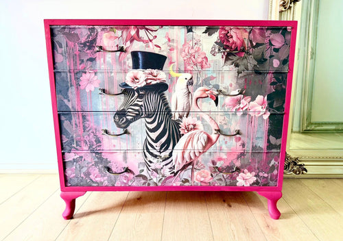 Furniture piece with zebra and flamingo design on a pink frame. Zebra Salad Mulberry Decoupage Paper