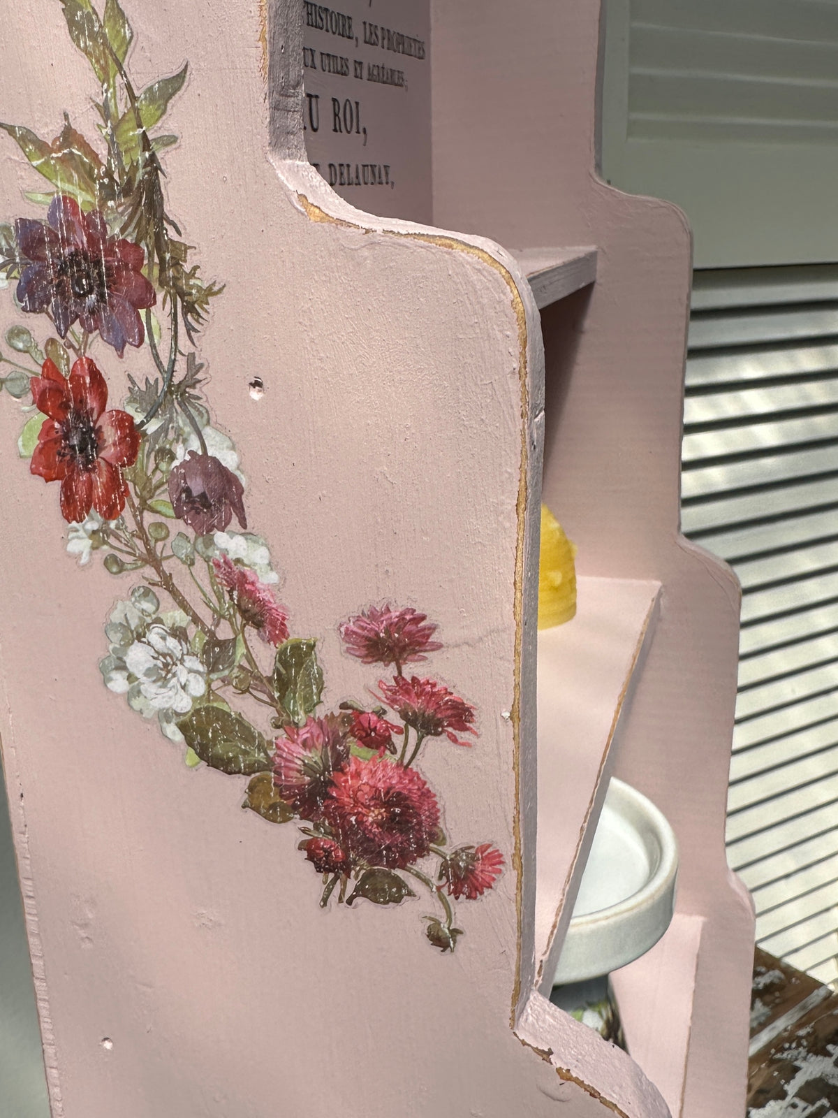 Pink shelf unit with IOD transfers