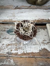 Mini Brass bird in nest on wooden log