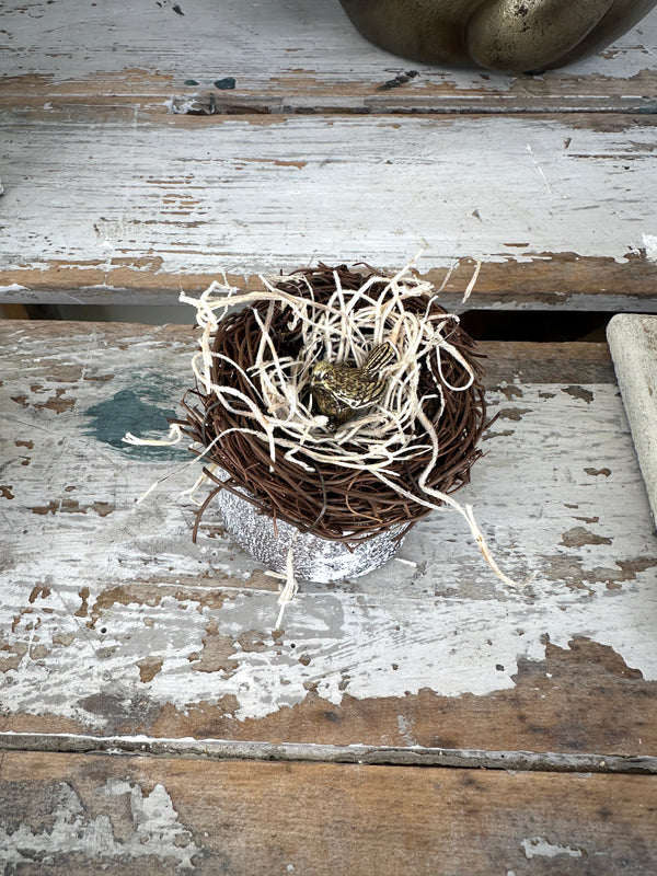 Mini Brass bird in nest on wooden log