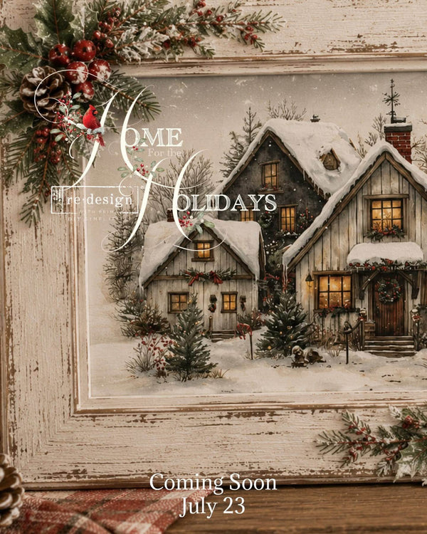 Collage of Christmas-themed designs including animals, a snowy village, and a red barn. Cozy Country Christmas A3 Fiber Decoupage Paper 2 sheet by Redesign with Prima