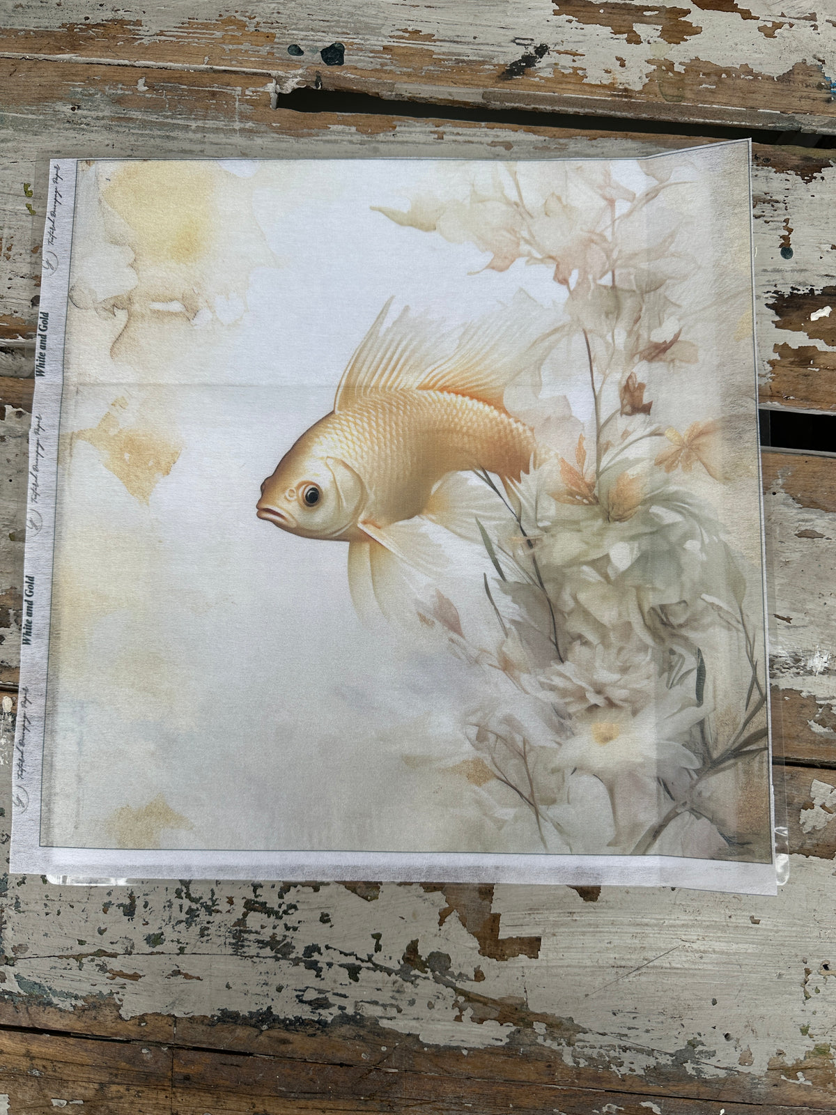 White & Gold Fish Square Paper for Decoupage