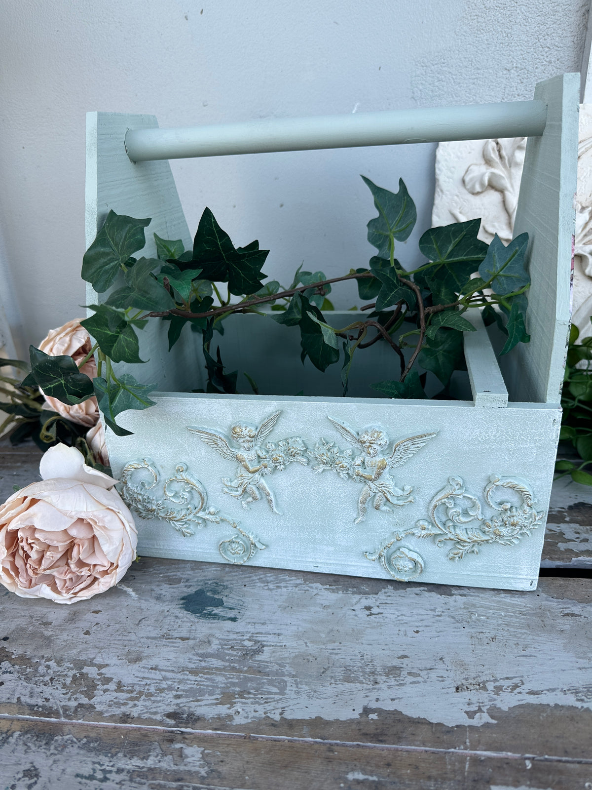 Mint Tote with floral and cherubs front