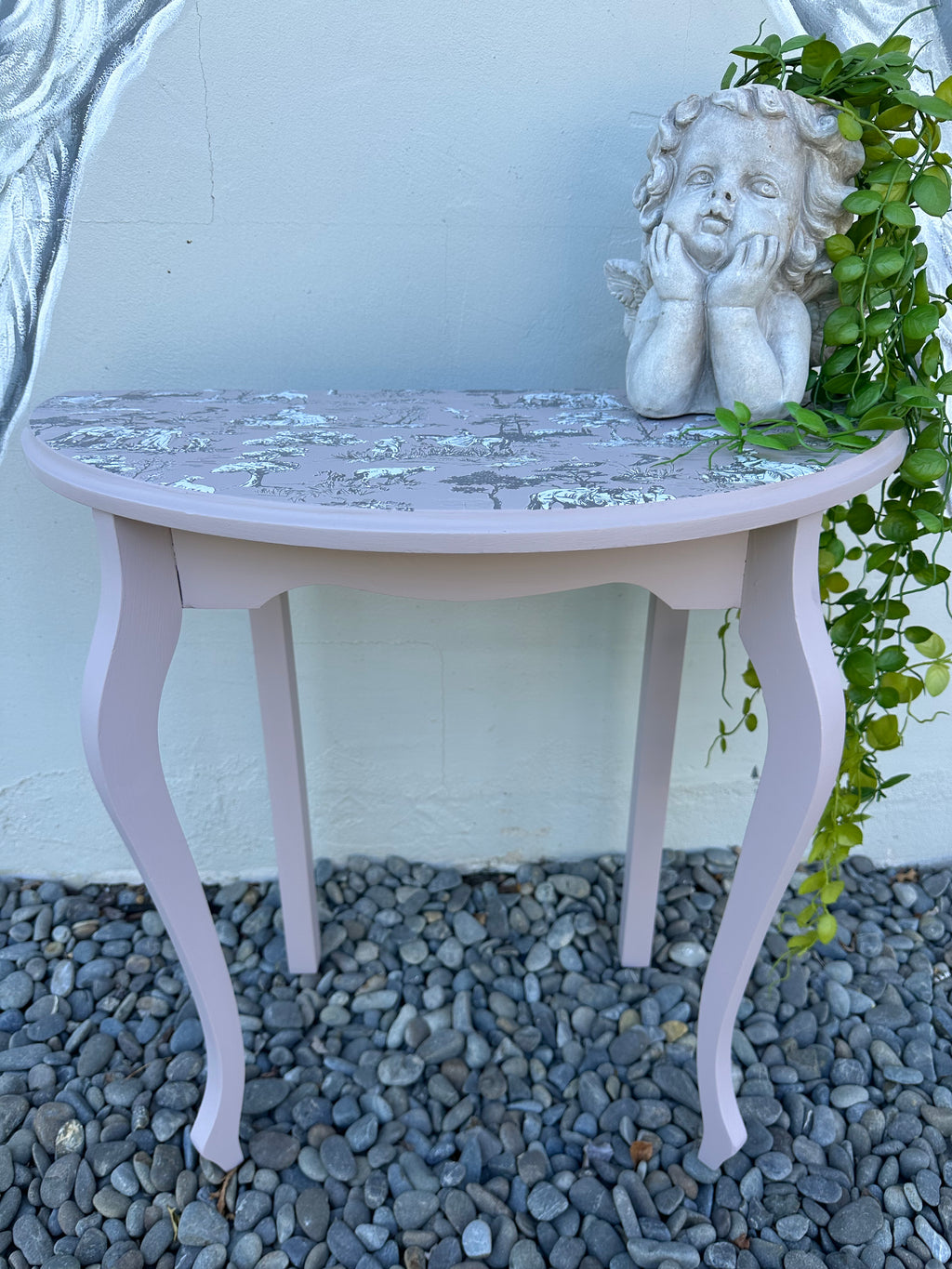 Simple Demi Lune table in Toile and Izabellars Room