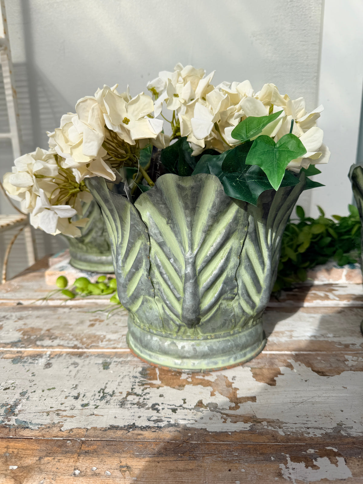  galvanised metal leaf planters 