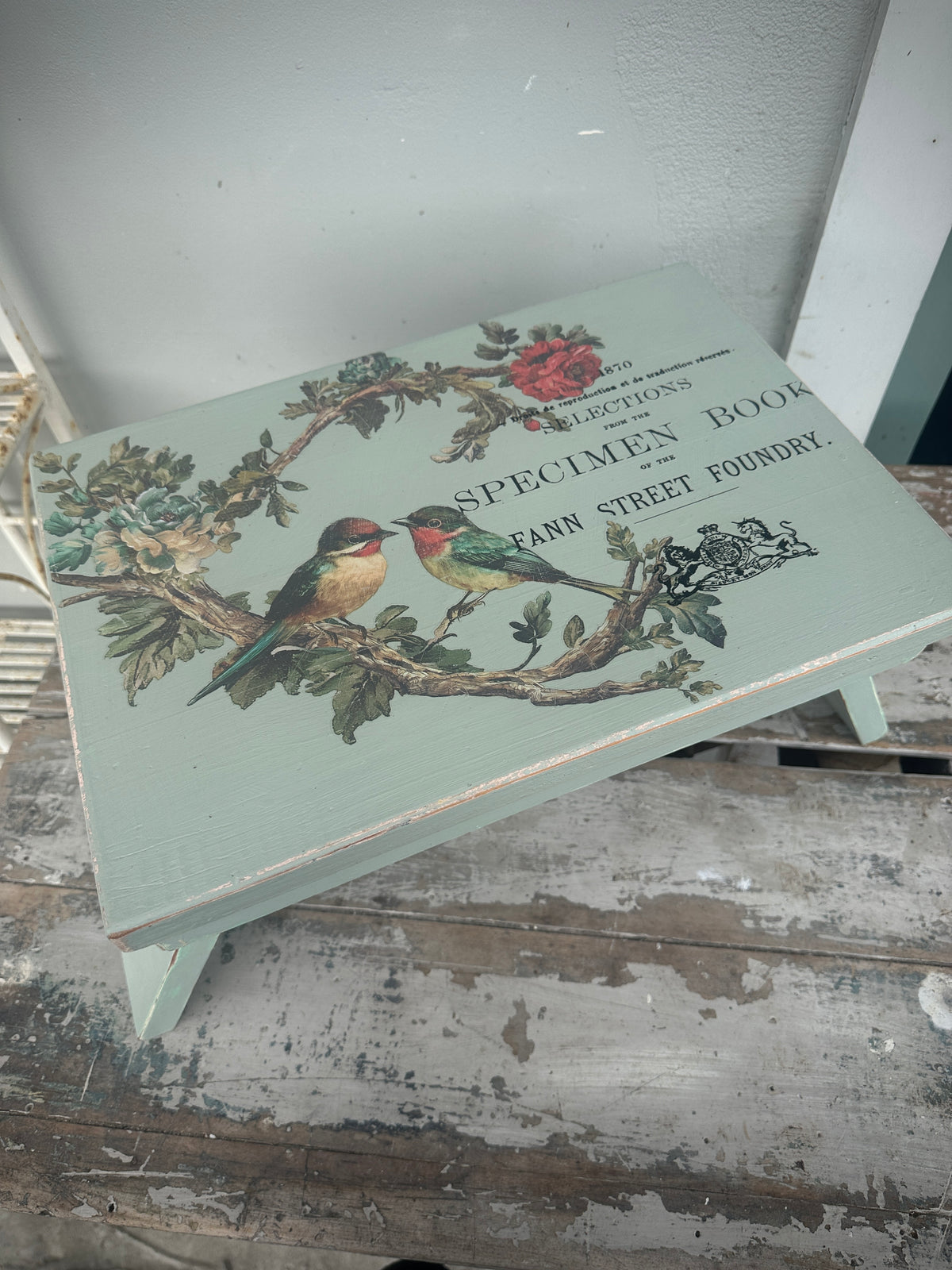 Duck Egg wood riser folding stool with REDESIGN WITH PRIMA  birds transfer