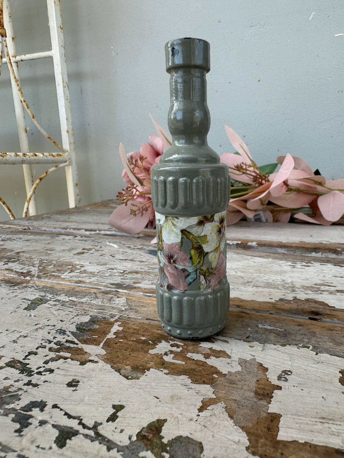 Painted glass bottle Newell w Pansies