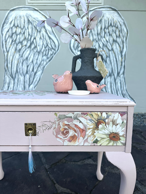 Soft Pink Floral table with handy drawer
