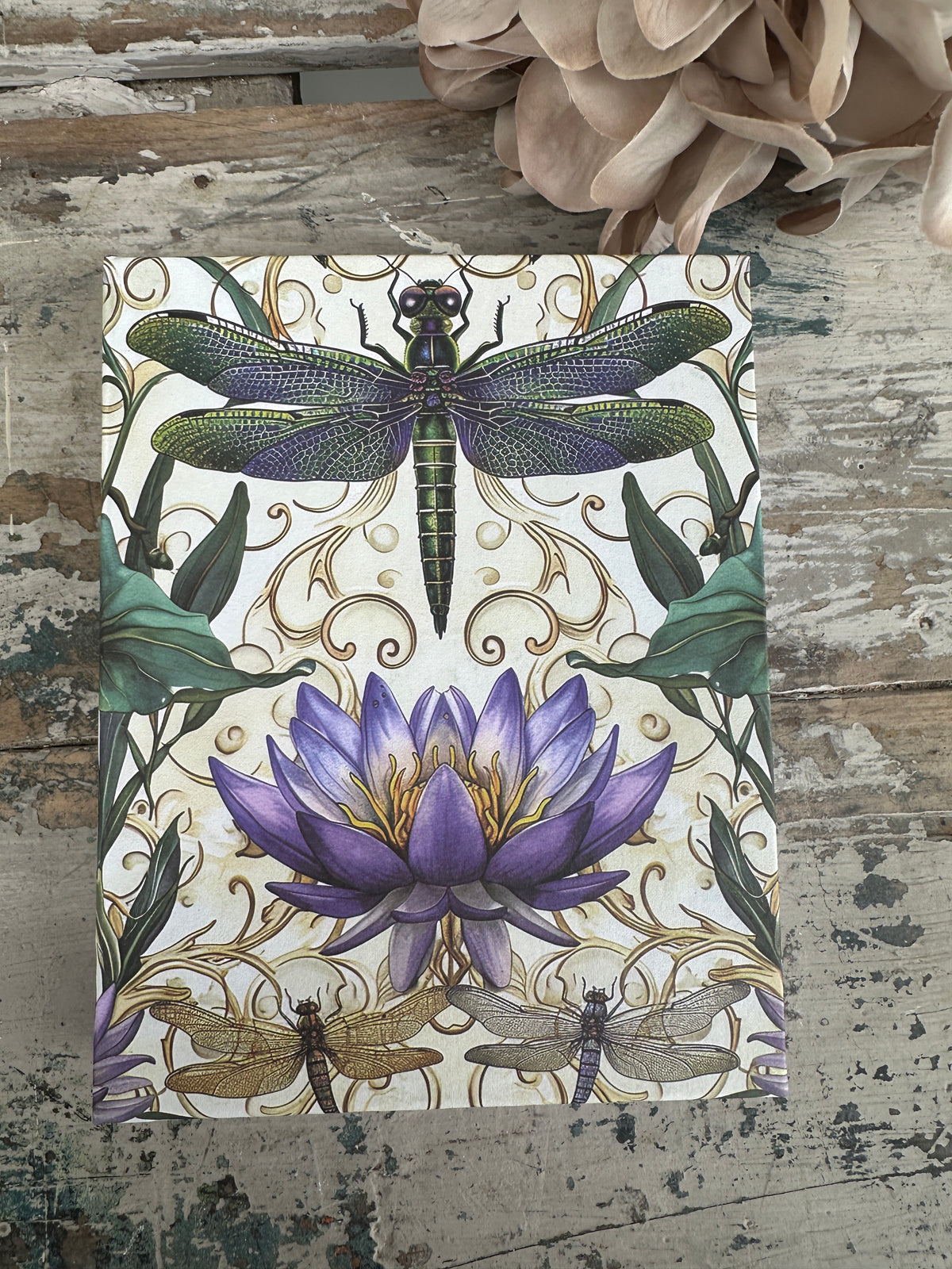 Jotter Pad Dragonfly Lotus with floral and insect design 