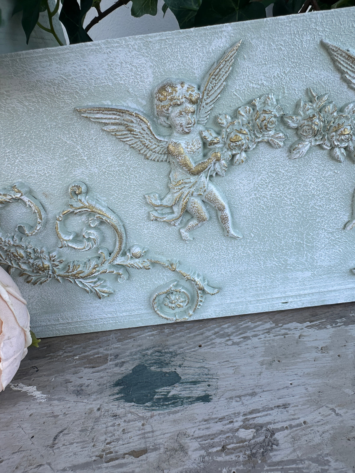 Mint Tote with floral and cherubs front