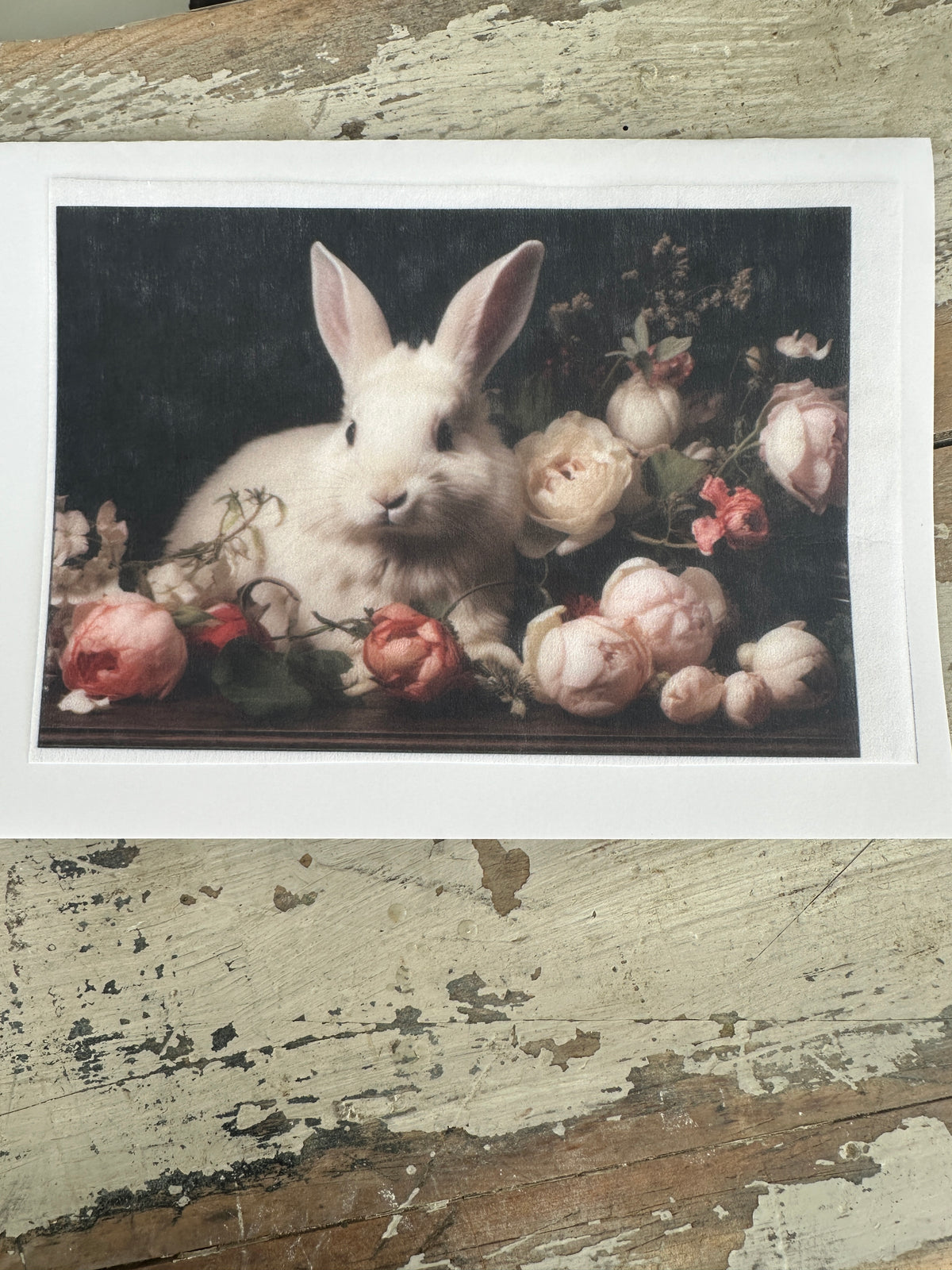 White Bunny on Black w roses Paper for Decoupage A5
