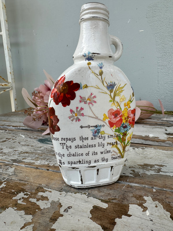 Painted glass jug bottle White typography and florals
