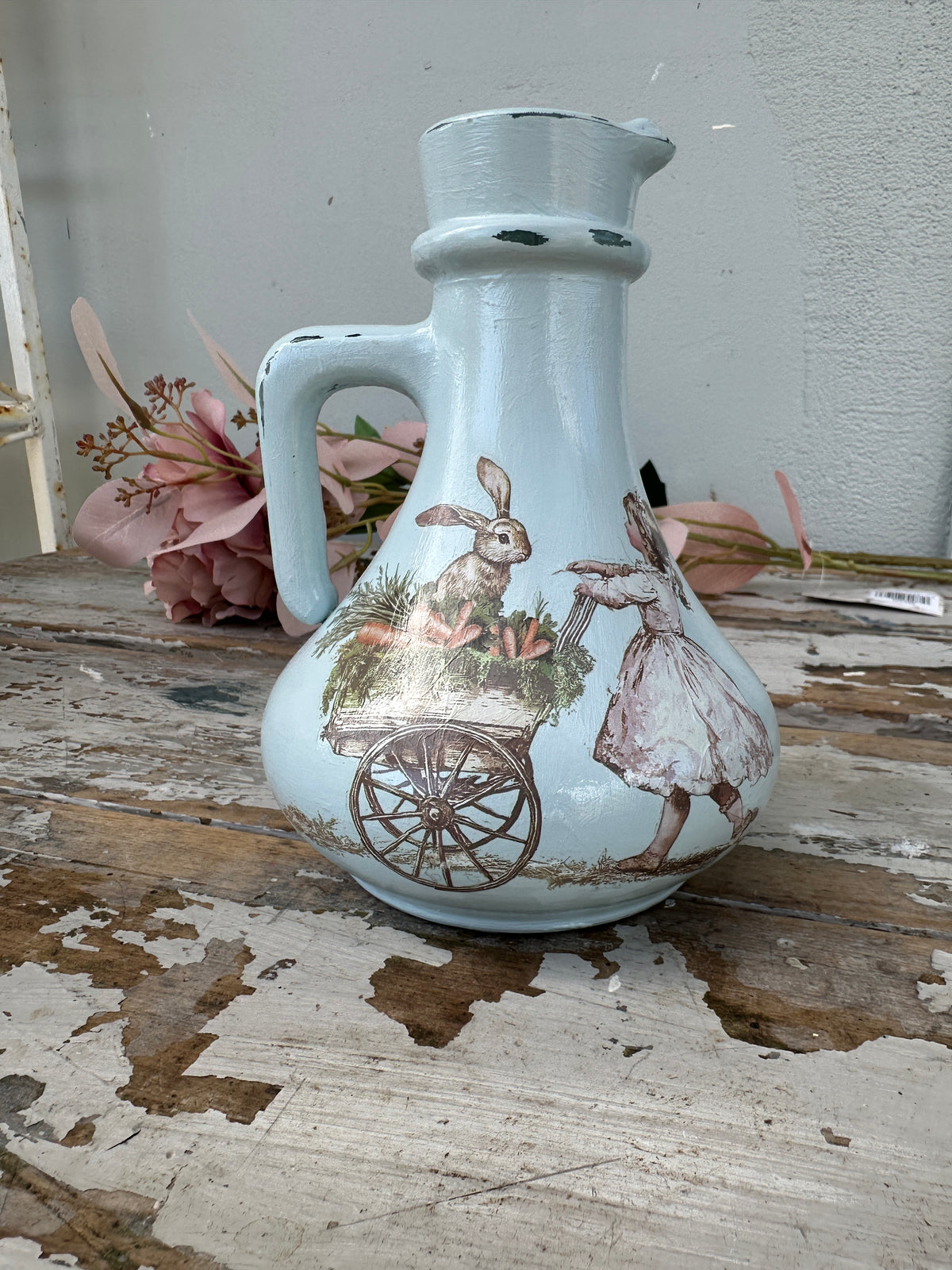 Painted glass jug bottle Blue w Easter and Floral