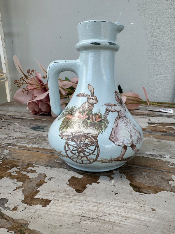 Painted glass jug bottle Blue w Easter and Floral
