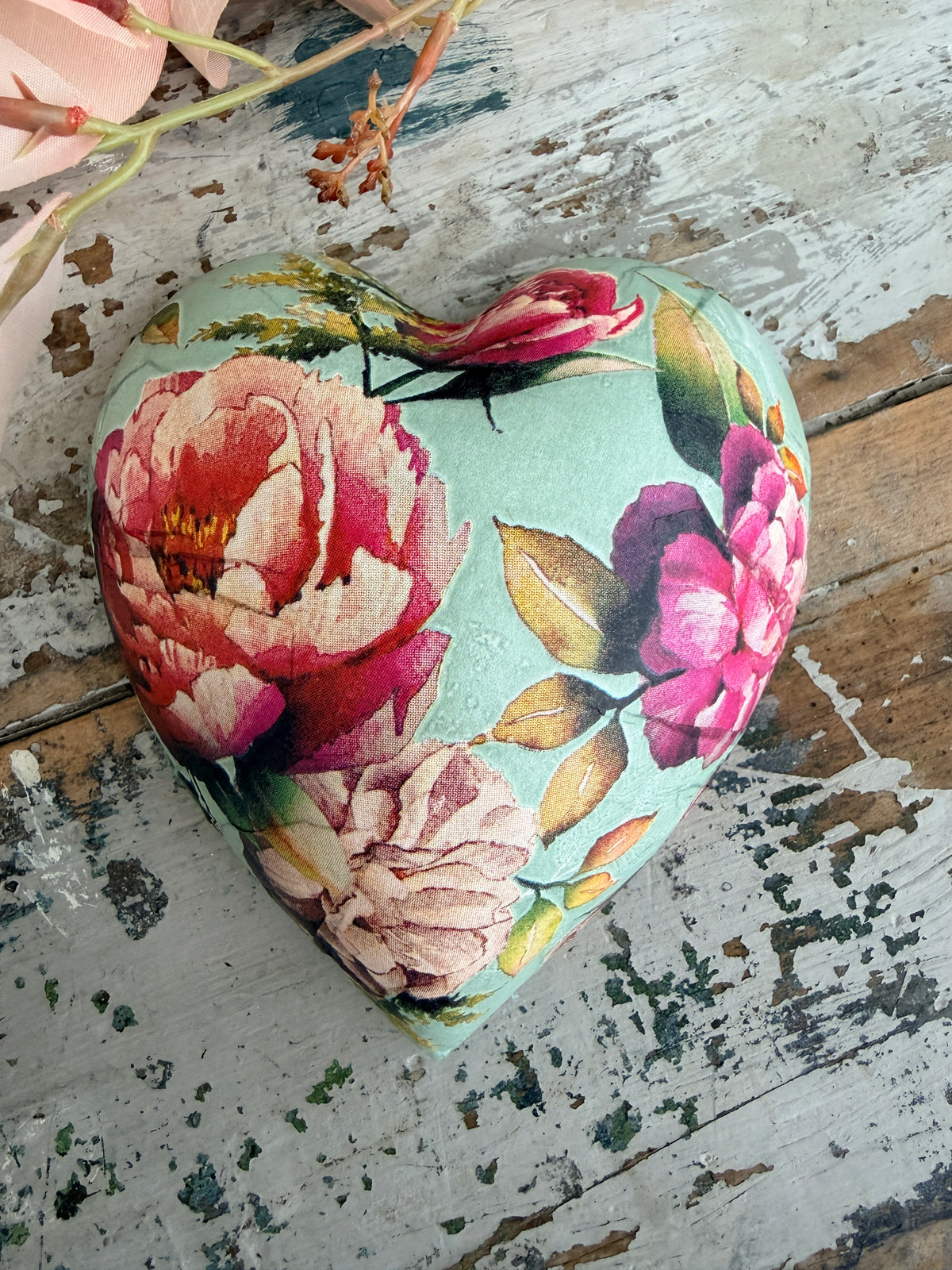 Green Peonies Ceramic Heart