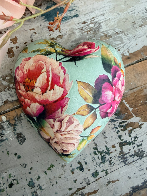 Green Peonies Ceramic Heart