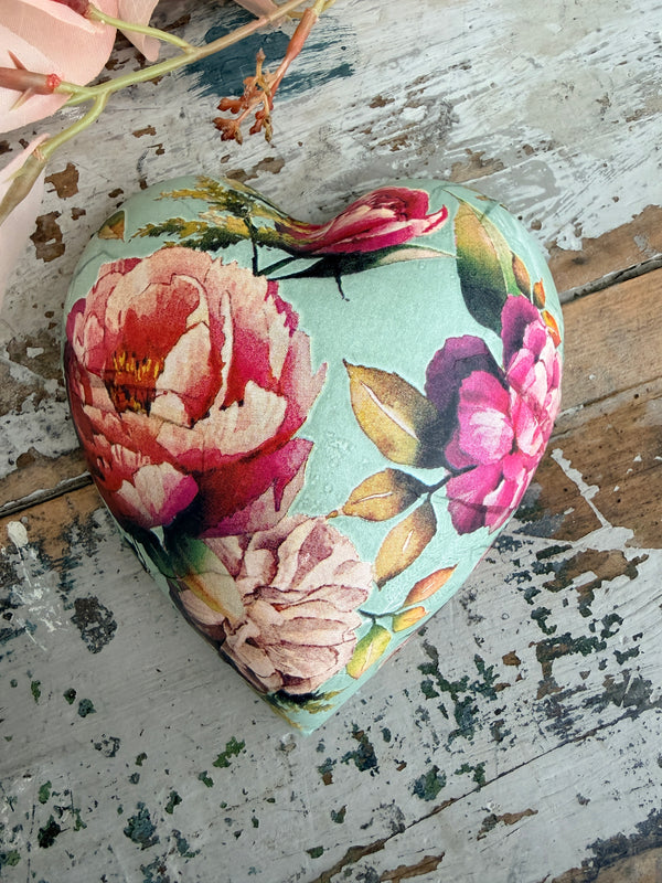 Green Peonies Ceramic Heart