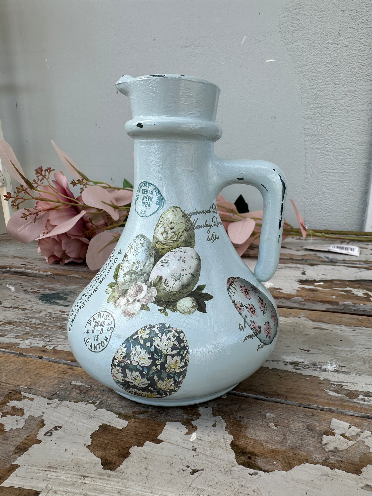 Painted glass jug bottle Blue w Easter and Floral