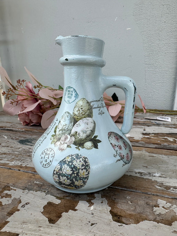 Painted glass jug bottle Blue w Easter and Floral
