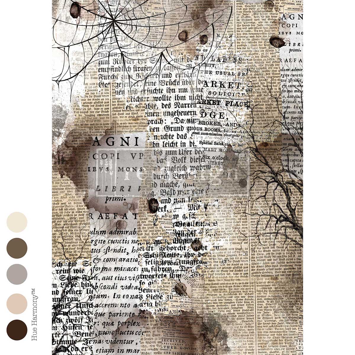 A vintage-style collage print featuring antique book text, tree branches, and distressed brown overlays,Mystical Creations A1 Decoupage Fiber Paper 1 sheet