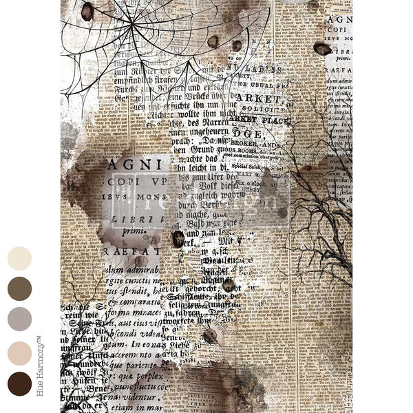 A vintage-style collage print featuring antique book text, tree branches, and distressed brown overlays,Mystical Creations A1 Decoupage Fiber Paper 1 sheet