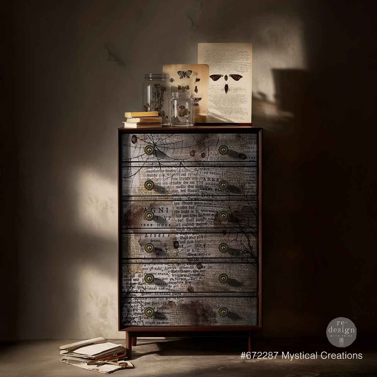 A vintage-style collage print featuring antique book text, tree branches, and distressed brown overlays,Mystical Creations A1 Decoupage Fiber Paper 1 sheet