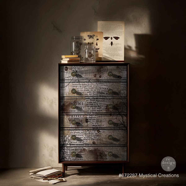 A vintage-style collage print featuring antique book text, tree branches, and distressed brown overlays,Mystical Creations A1 Decoupage Fiber Paper 1 sheet