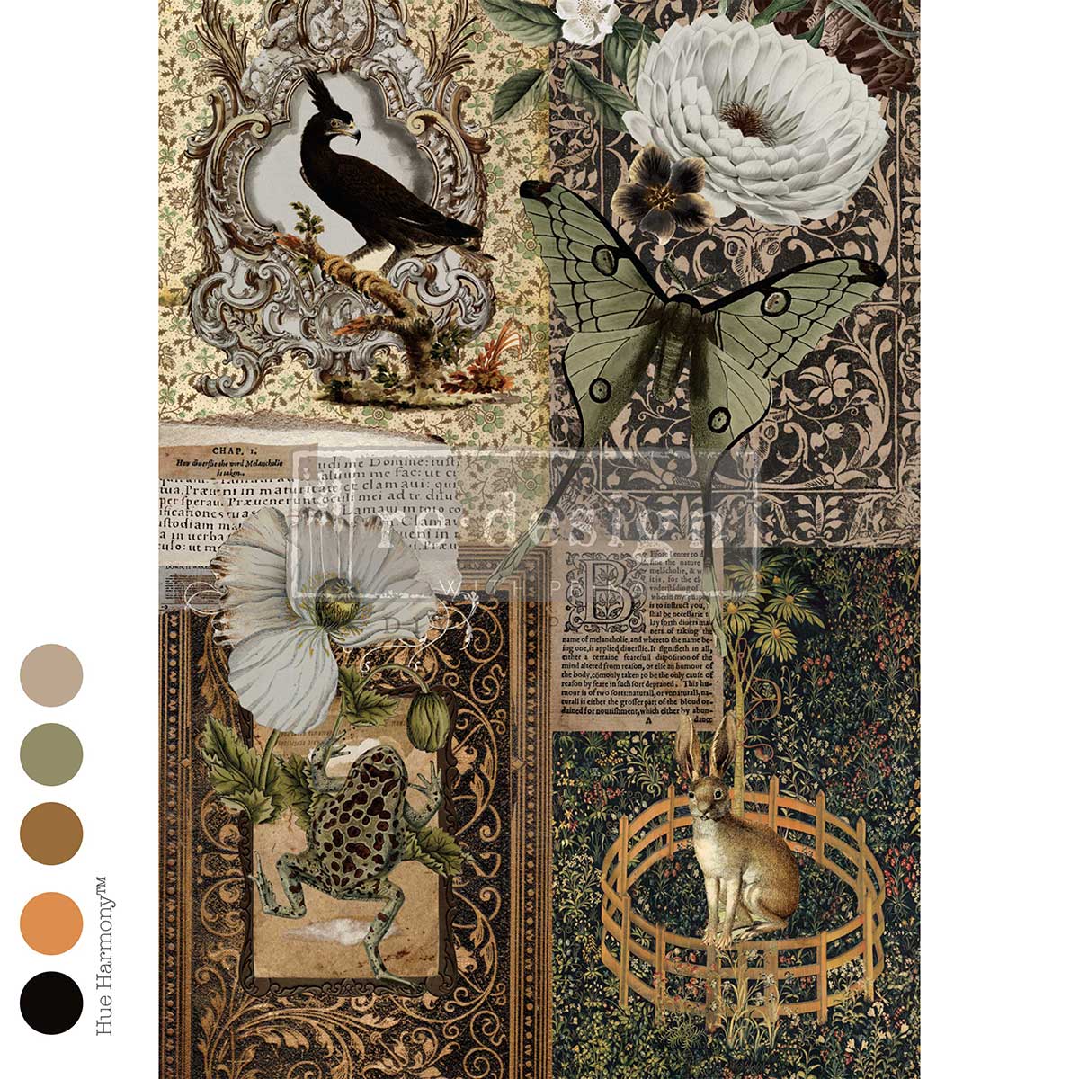 A vintage-style collage print featuring a blackbird in an ornate frame, a butterfly near white flowers, a frog, a rabbit in a basket, and decorative text panels. The Secret Conservatory A1 Decoupage Fiber Paper 1 sheet