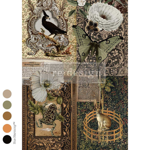 A vintage-style collage print featuring a blackbird in an ornate frame, a butterfly near white flowers, a frog, a rabbit in a basket, and decorative text panels. The Secret Conservatory A1 Decoupage Fiber Paper 1 sheet