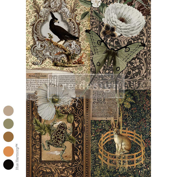 A vintage-style collage print featuring a blackbird in an ornate frame, a butterfly near white flowers, a frog, a rabbit in a basket, and decorative text panels. The Secret Conservatory A1 Decoupage Fiber Paper 1 sheet