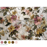 A floral wallpaper pattern featuring pink, yellow, and green flowers on a textured, distressed off-white background. The Weathered Atrium A1 Decoupage Fiber Paper 1 sheet