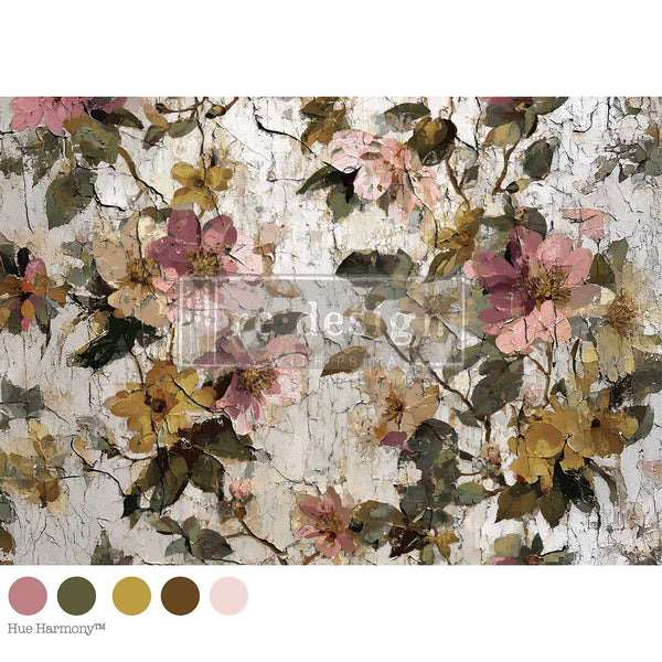 A floral wallpaper pattern featuring pink, yellow, and green flowers on a textured, distressed off-white background. The Weathered Atrium A1 Decoupage Fiber Paper 1 sheet