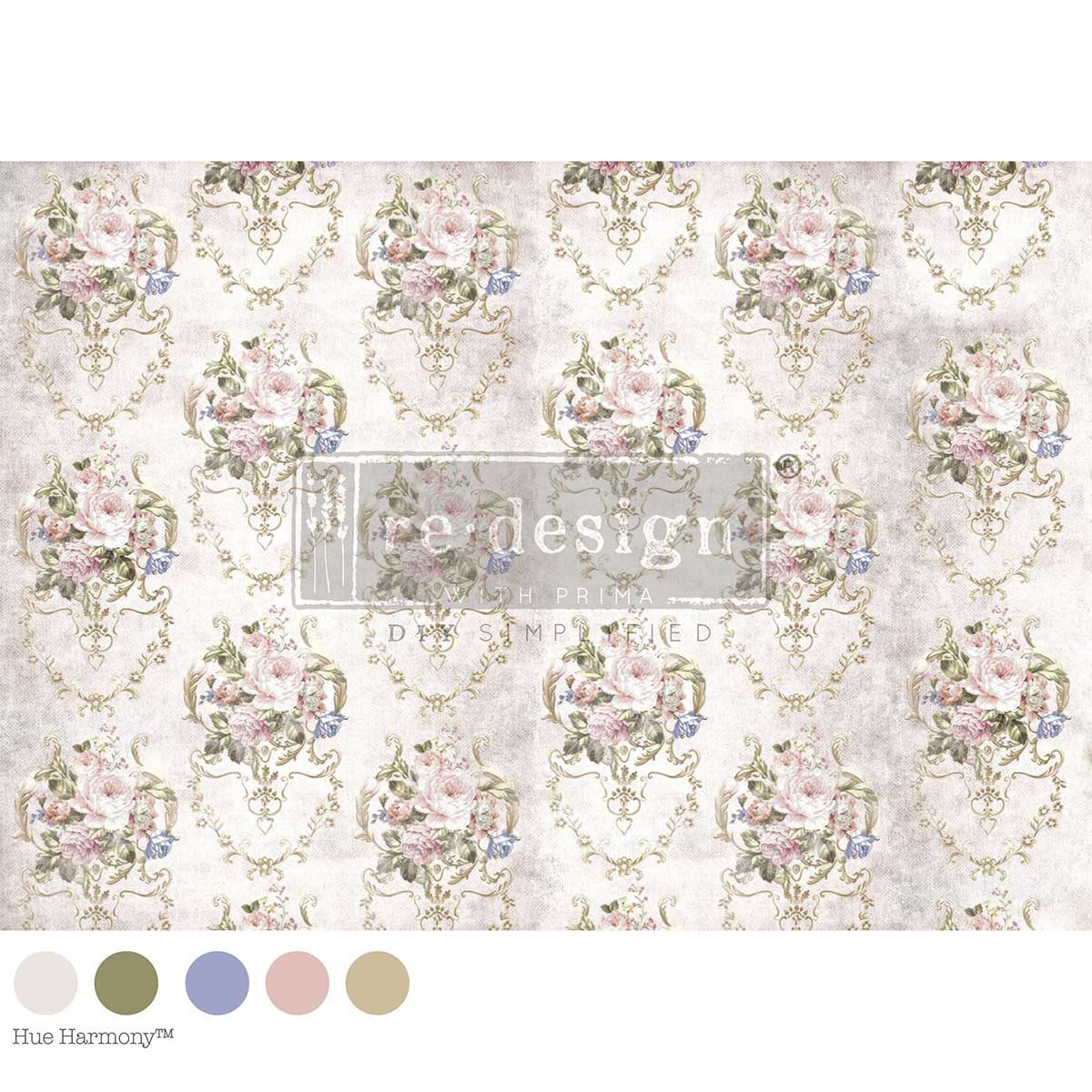 A repeating vintage damask floral wallpaper pattern in soft blush pink, sage green, and muted gold on a warm off-white background, Victorian Tea Room A1 Decoupage Fiber Paper 1 sheet
