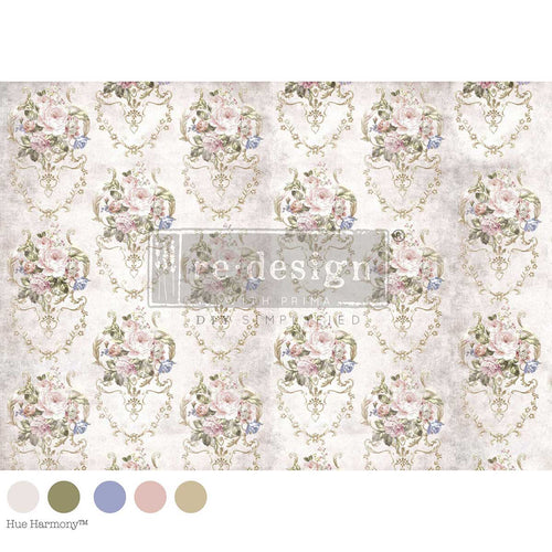 A repeating vintage damask floral wallpaper pattern in soft blush pink, sage green, and muted gold on a warm off-white background, Victorian Tea Room A1 Decoupage Fiber Paper 1 sheet